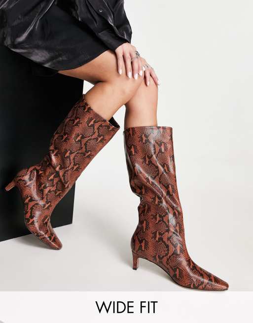 ASOS DESIGN Wide Fit Candid pull on mid heeled kee boots in tan snake