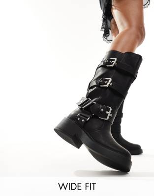 ASOS DESIGN Wide Fit - Captain - Kniehohe Motorrad-Stiefel in Schwarz mit mehreren Schnallen