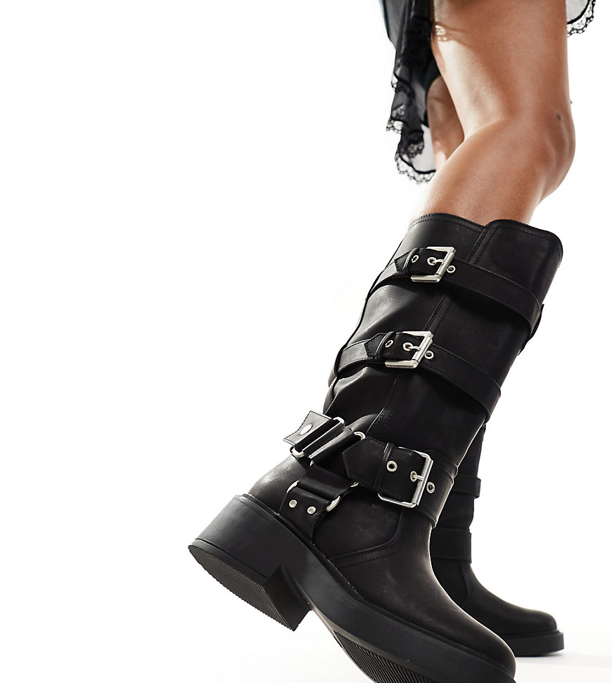 ASOS DESIGN Wide Fit Captain multi-buckle biker knee boots in black