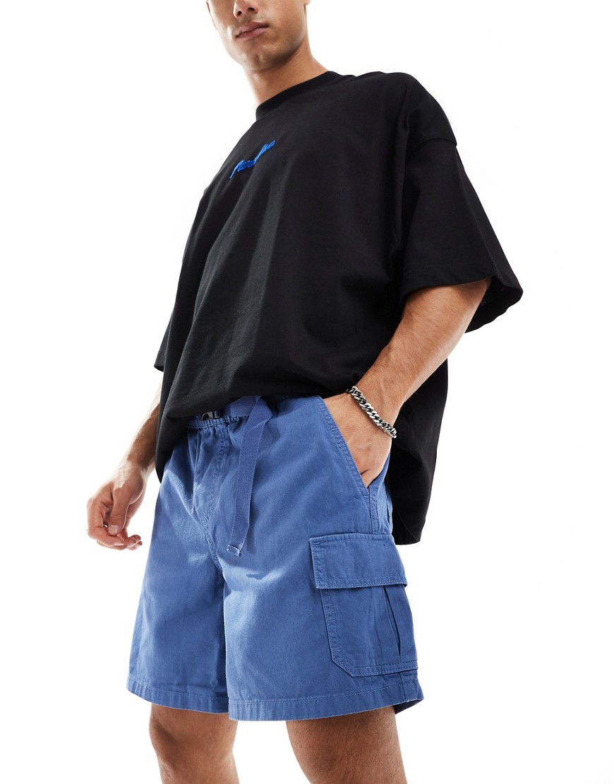 ASOS DESIGN wide fit cargo shorts in dark blue with webbing belt