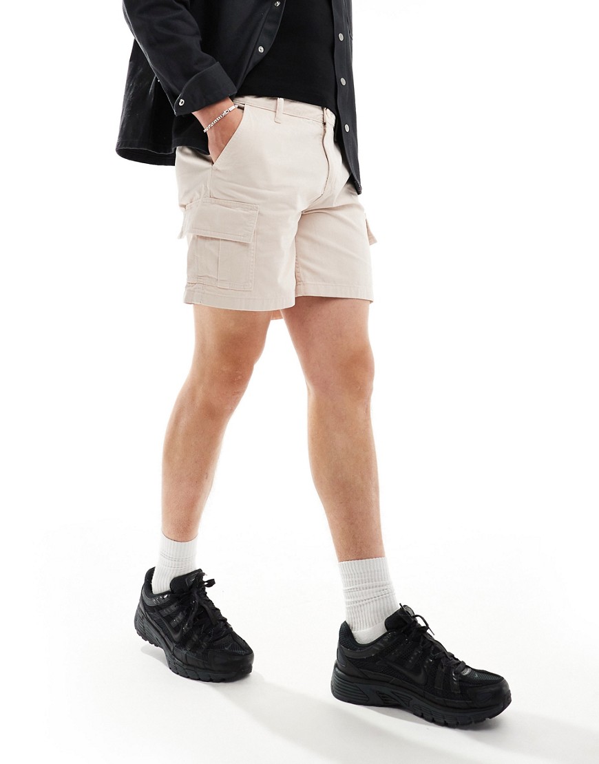ASOS DESIGN wide fit cargo shorts in mid length in stone-Neutral
