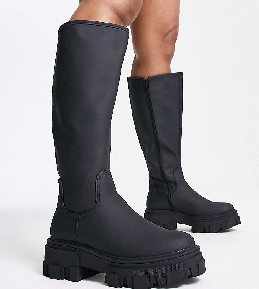 ASOS DESIGN Wide Fit Carla chunky flat knee boots in black