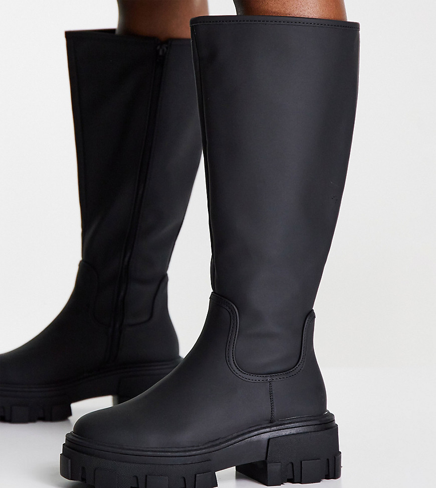Asos Design Wide Fit Carla Chunky Flat Knee Boots In Black