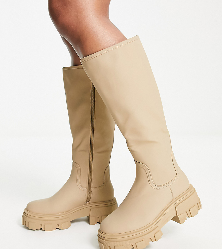 ASOS DESIGN Wide Fit Carla chunky flat knee boots in cappuccino-Brown