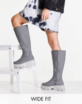 ASOS DESIGN Wide Fit Carla chunky flat knee boots in grey