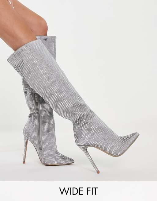 ASOS DESIGN Wide Fit Carly high heeled embellished pull on knee boots in silver