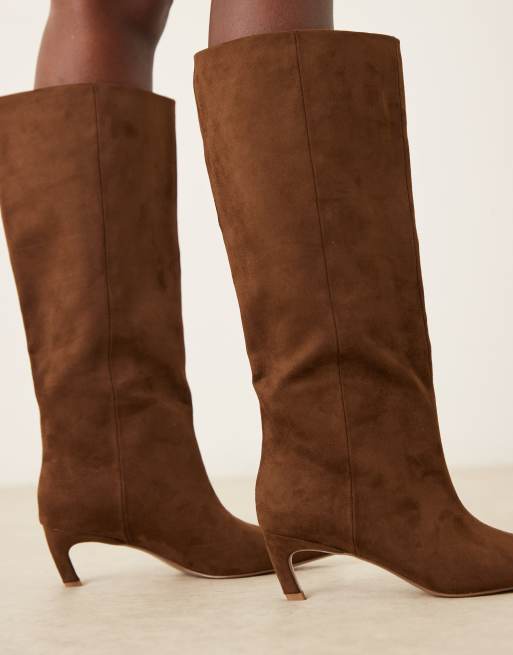 ASOS DESIGN Wide Fit Carmel pull-on kitten heeled knee boots in chocolate suedette