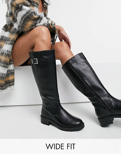 ASOS DESIGN Wide Fit Carmella pull on knee boots in black | ASOS