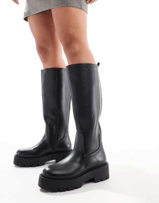 ASOS DESIGN Wide Fit - Carmen - Flache, kniehohe Stiefel in Schwarz mit dicker Sohle, in weiter Passform