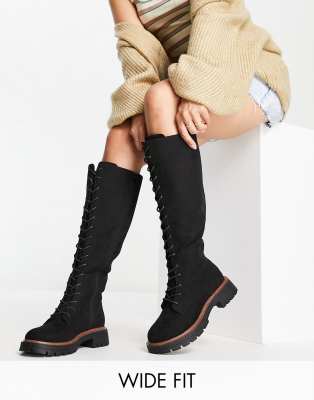 Asos Design Wide Fit Carolina Chunky Lace Up Knee High Boots In Black