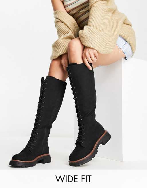 Black Knee High Lace Up Textured Sole Chunky Boots