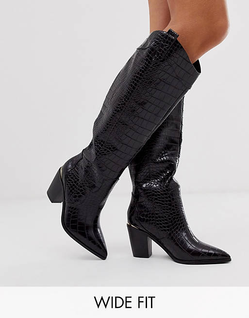 ASOS DESIGN Wide Fit Catch Up western pull on knee boots in black croc