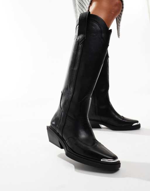 ASOS DESIGN Wide Fit Celeste flat western knee boots in black