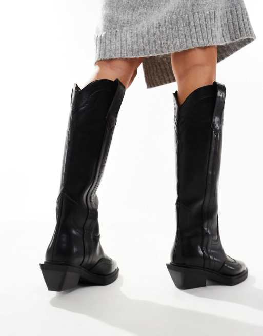 ASOS DESIGN Wide Fit Celeste flat western knee boots in black