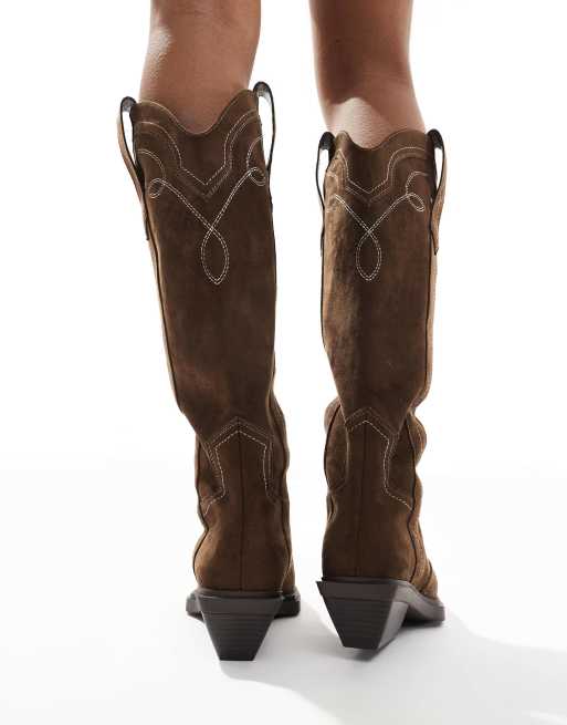 ASOS DESIGN Wide Fit Celeste flat western knee boots in choc faux suede