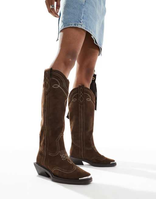 ASOS DESIGN Wide Fit Celeste flat western knee boots in choc faux suede