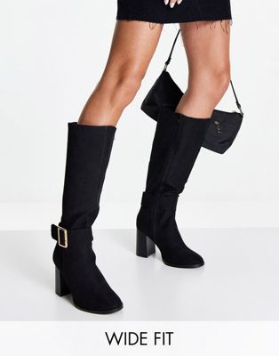 ASOS DESIGN Wide Fit Charlotte heeled knee boots with buckle trim in black