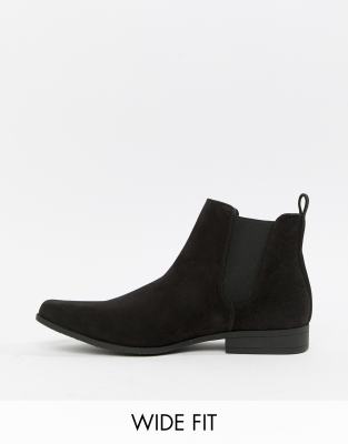 asos design wide fit chelsea boots in black faux suede