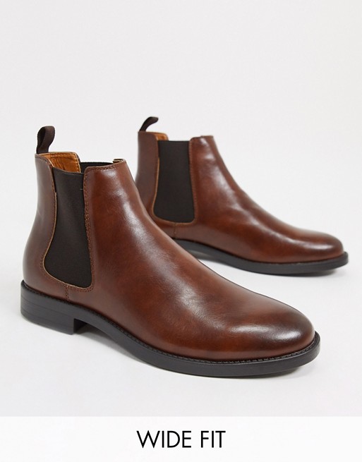 ASOS DESIGN Wide Fit chelsea boots in brown faux leather with black sole