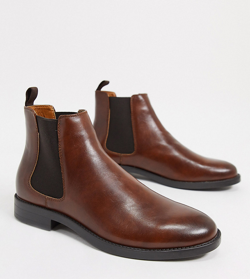 Asos Design Wide Fit Chelsea Boots In Brown Faux Leather With Black Sole