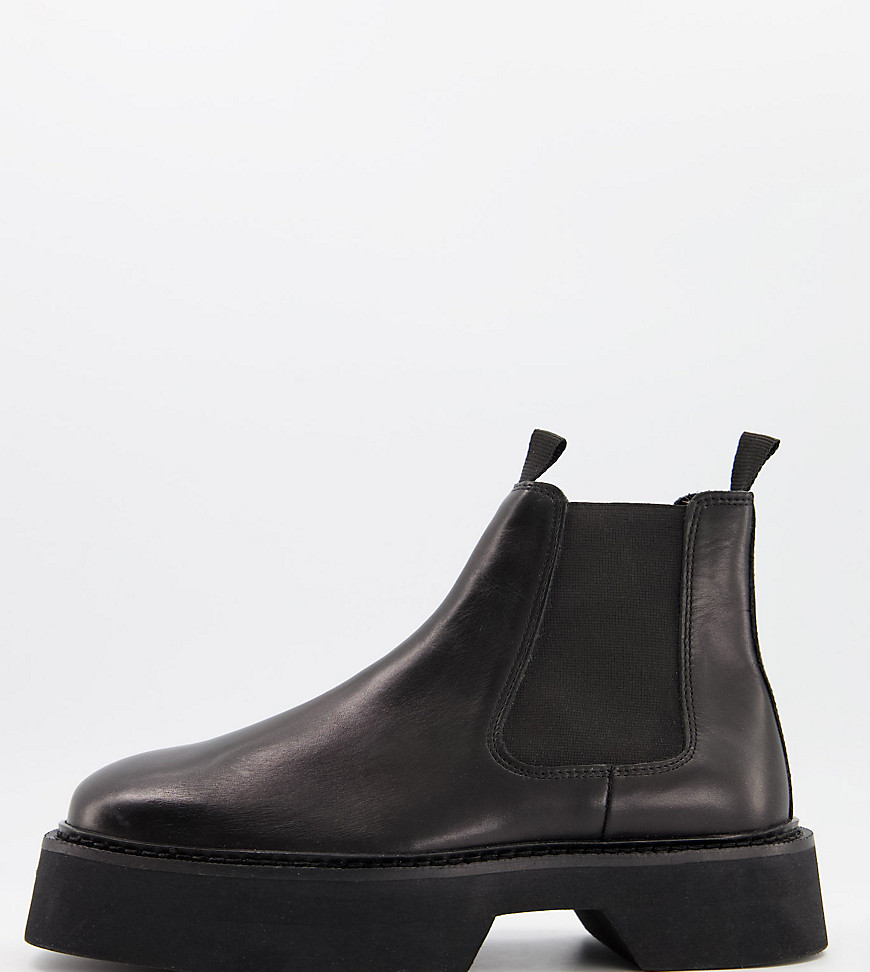 ASOS DESIGN Wide Fit chelsea square toe boots in black high shine leather