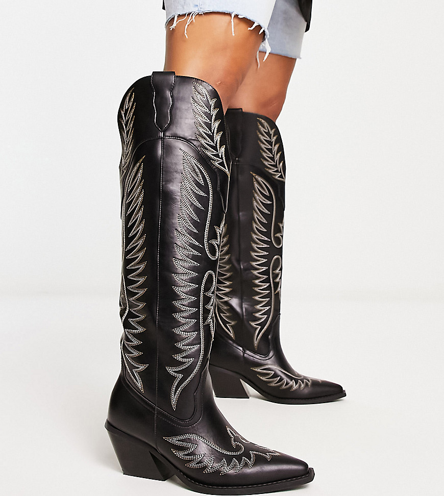 ASOS DESIGN Wide Fit Chester contrast stitch western knee boot in black