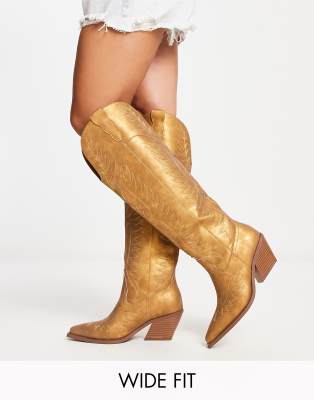 Asos Design Wide Fit Chester Contrast Stitch Western Knee Boot In Gold