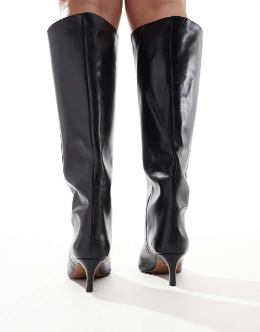 ASOS DESIGN Wide Fit Cleo premium leather kitten heel knee boots in black