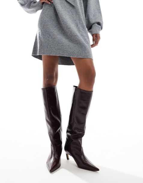 ASOS DESIGN Wide Fit Cleo premium leather kitten heel knee boots in burgundy - view 1