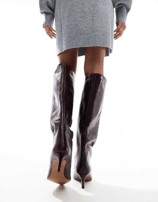 ASOS DESIGN Wide Fit Cleo premium leather kitten heel knee boots in burgundy, 3 of 4