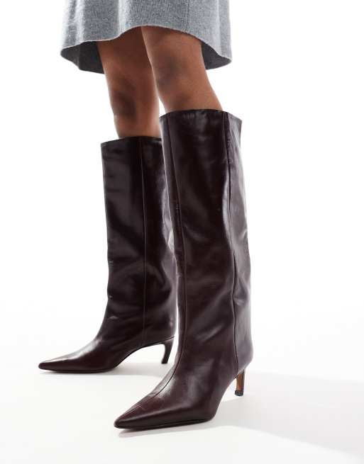 ASOS DESIGN Wide Fit Cleo premium leather kitten heel knee boots in burgundy