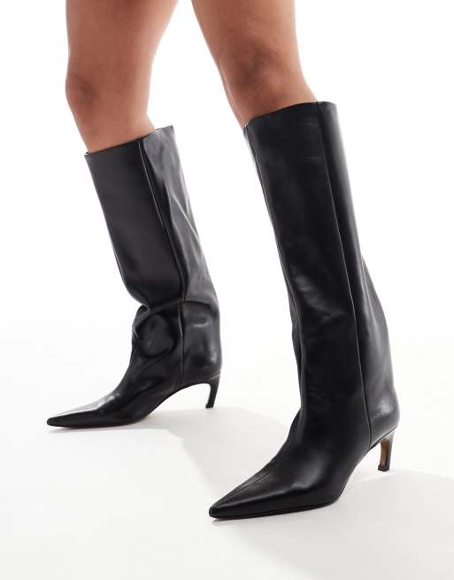 ASOS DESIGN Wide Fit – Cleo – Premium – Svarta knähöga boots i läder med taxklack