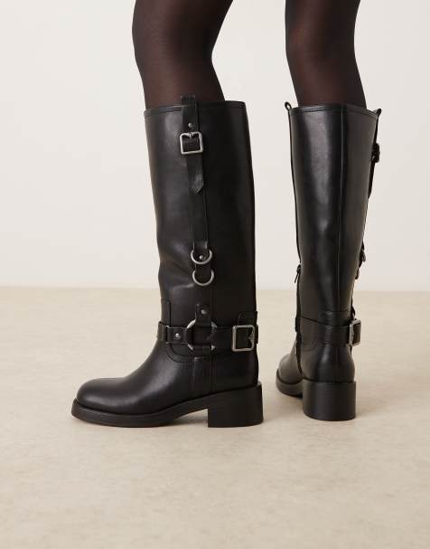 ASOS DESIGN Wide Fit Cobra buckle harness knee boots with silver hardware in black - view 1