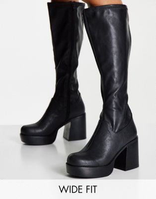 ASOS DESIGN Wide Fit Coconut chunky platform knee boots in black