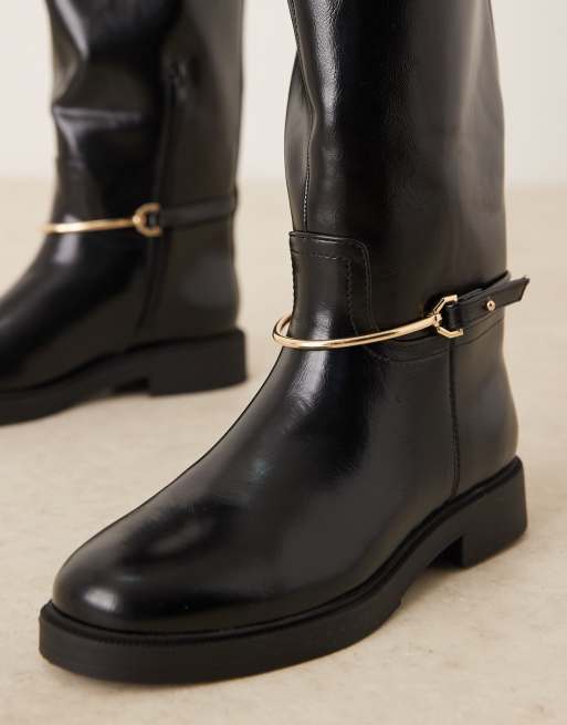 ASOS DESIGN Wide Fit Cole flat riding knee boot in black with trim, 2 of 4