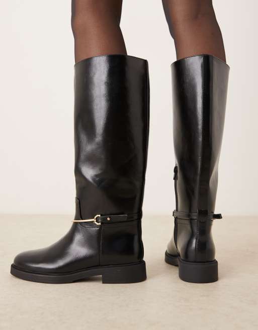 ASOS DESIGN Wide Fit Cole flat riding knee boot in black with trim, 4 of 4