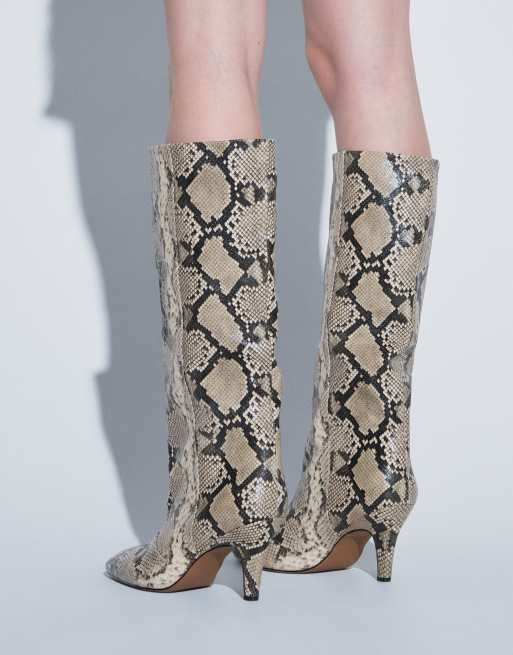 ASOS DESIGN Wide Fit Contessa cone heel slouch knee boots in snake print, 2 of 8