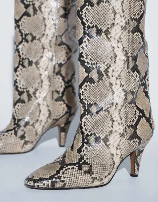 ASOS DESIGN Wide Fit Contessa cone heel slouch knee boots in snake print, 3 of 8