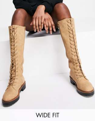 Asos Design Wide Fit Courtney Chunky Lace Up Knee High Boots In Sand Neutral Modesens 