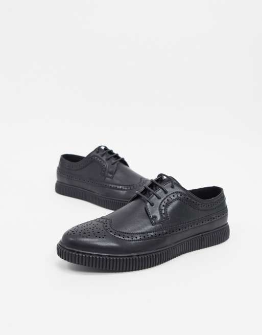 ASOS DESIGN Wide Fit creeper brogue shoes in black faux leather - BLACK |  ASOS