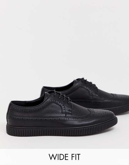 ASOS DESIGN Wide Fit creeper brogue shoes in black faux leather | ASOS