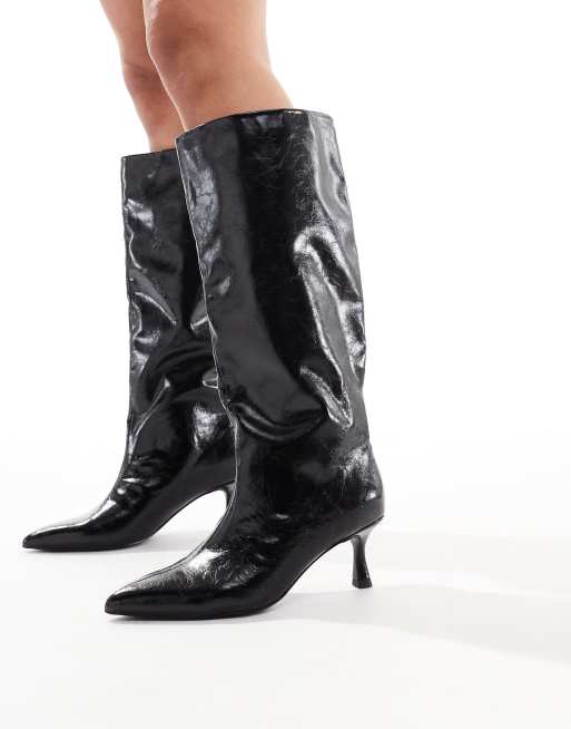 Black leather knee high boots kitten heel hotsell