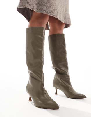 Wide Fit Crimson pull-on kitten heeled knee boots in khaki-Green