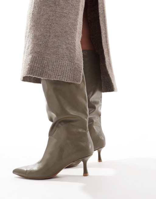 ASOS DESIGN Wide Fit Crimson pull-on kitten heeled knee boots in khaki
