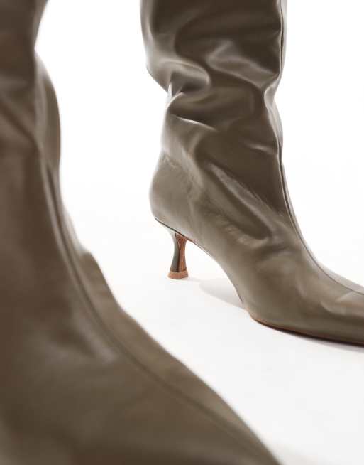 ASOS DESIGN Wide Fit Crimson pull-on kitten heeled knee boots in khaki