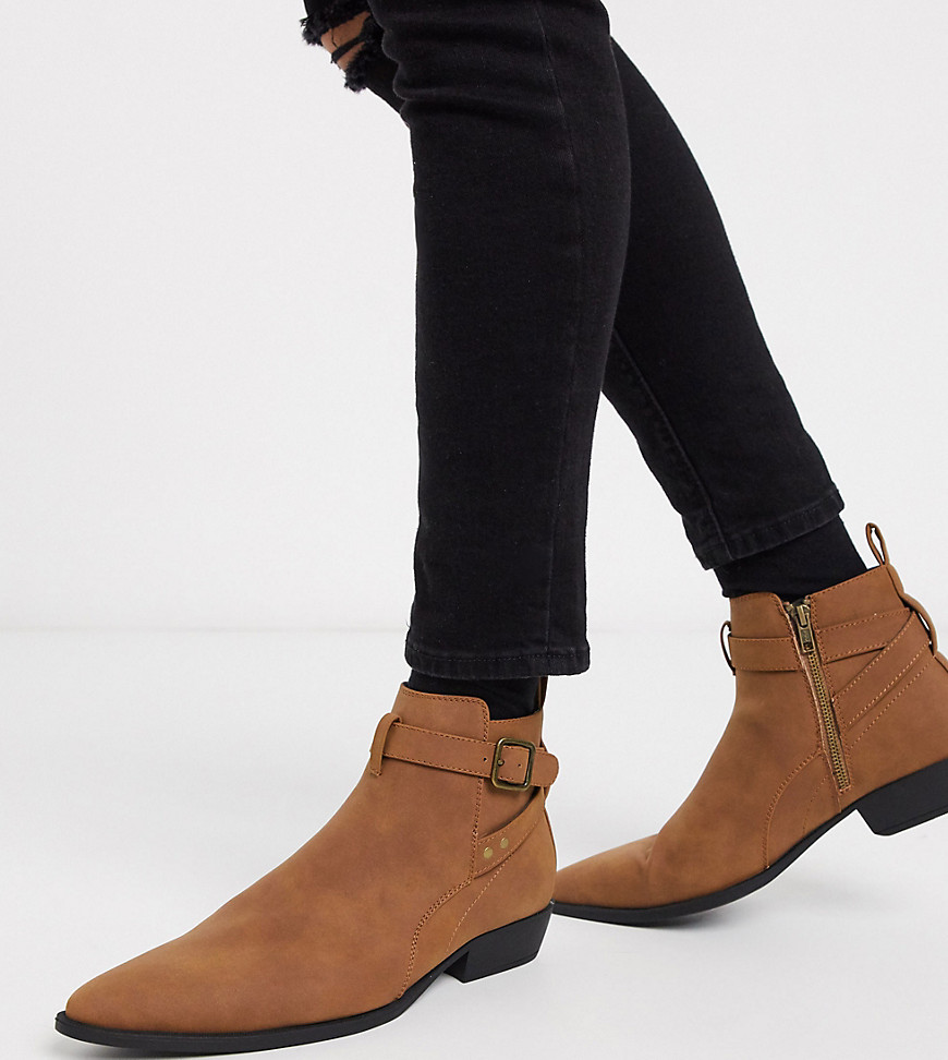 ASOS DESIGN Wide Fit cuban heel chelsea boots in tan faux suede with buckle detail