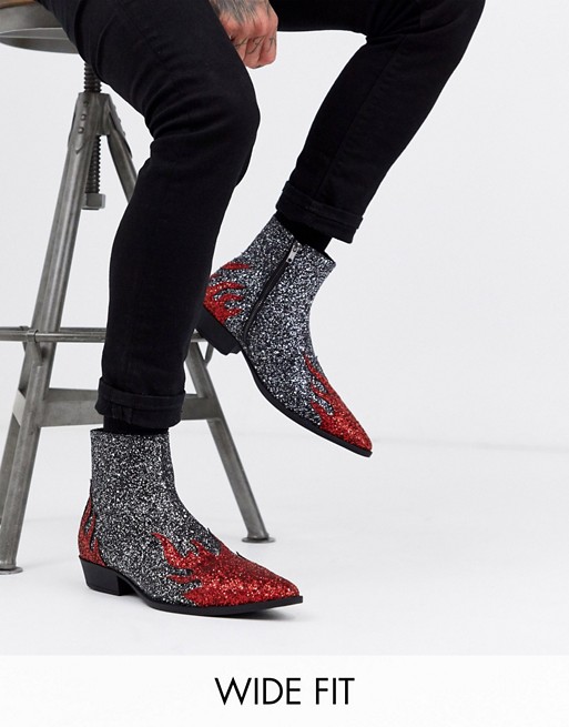 ASOS DESIGN Wide Fit cuban heel western boots in black glitter flame