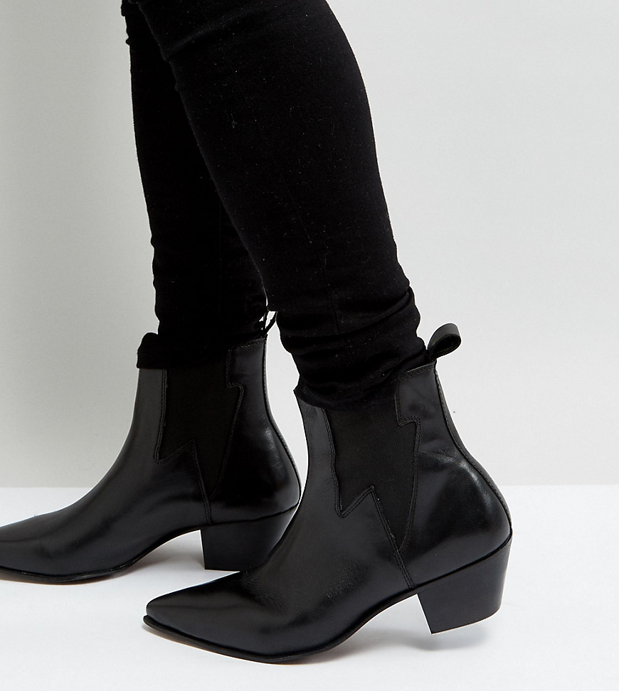 ASOS DESIGN Wide Fit cuban heel western boots in black leather with lightning detail