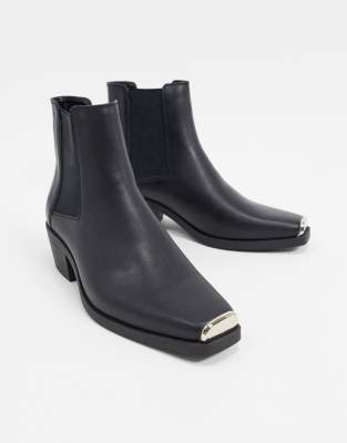 asos design cuban heel western chelsea boots in black leather with buckle detail