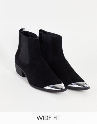 ASOS DESIGN Wide Fit cuban heel western chelsea boots in black faux suede with metal toe cap